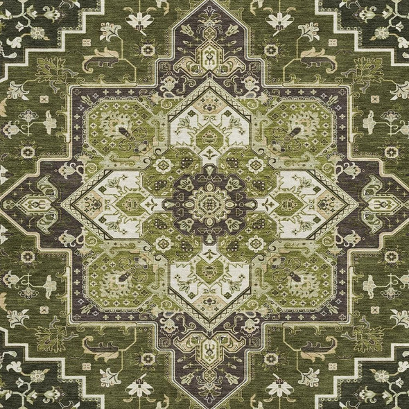 9' X 12' Olive Green Ivory And Beige Oriental Washable Area Rug With UV Protection