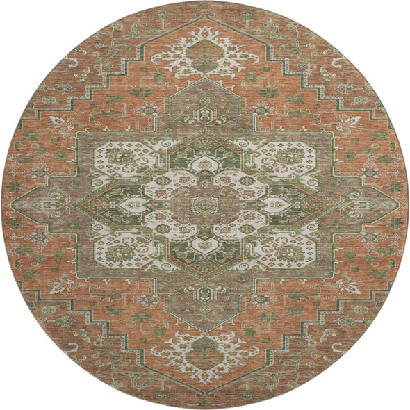 8' Rust Beige And Olive Green Oriental Washable Round Rug With UV Protection