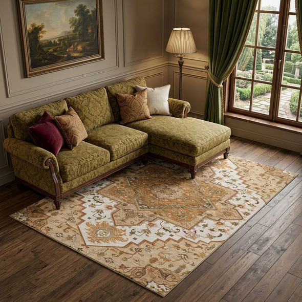 10' X 14' Terra Cotta Ivory And Beige Oriental Washable Area Rug With UV Protection