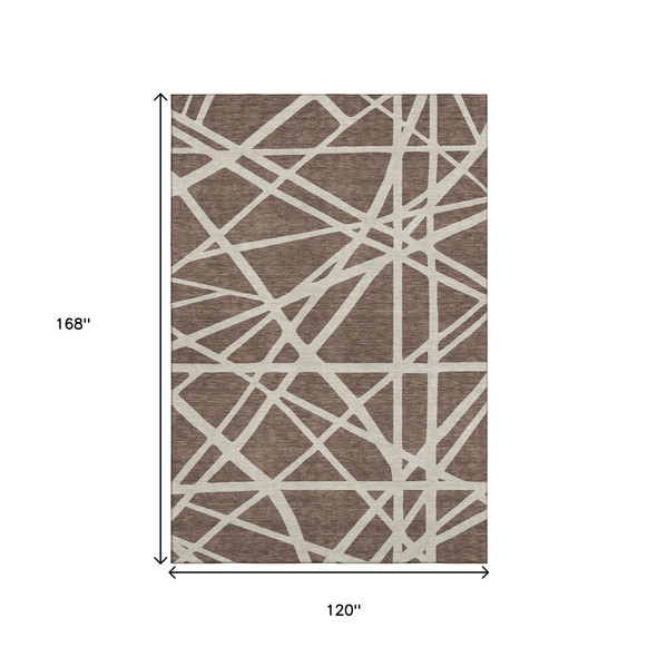 10' X 14' Brown And Ivory Geometric Washable Area Rug With UV Protection