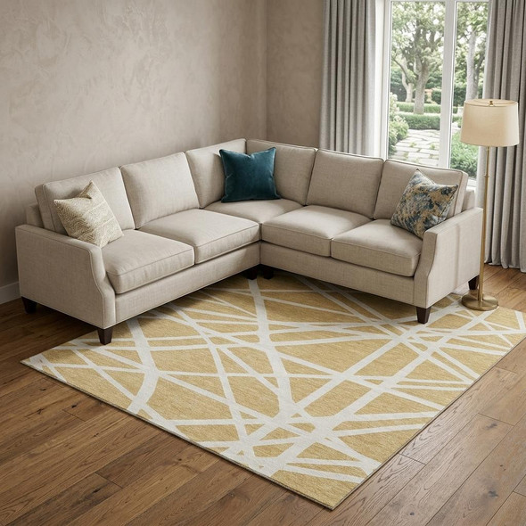 10' X 14' Gold And Ivory Geometric Washable Area Rug With UV Protection