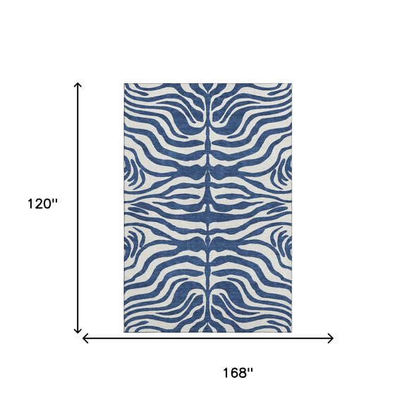 10' X 14' Navy Blue And Ivory Animal Print Washable Area Rug With UV Protection