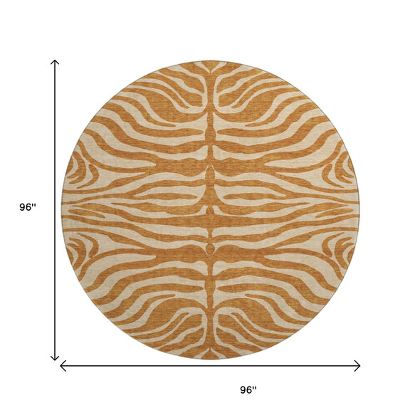 8' Rust And Beige Animal Print Washable Round Rug With UV Protection