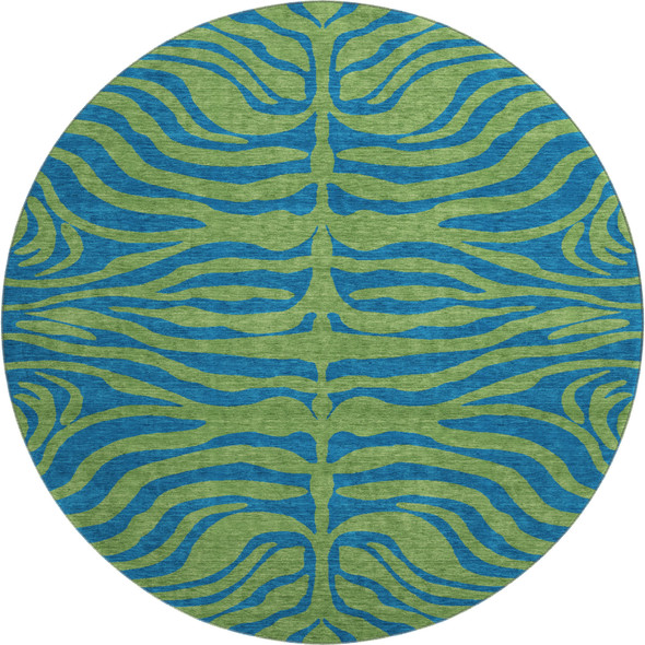 8' Green And Navy Blue Animal Print Washable Round Rug With UV Protection
