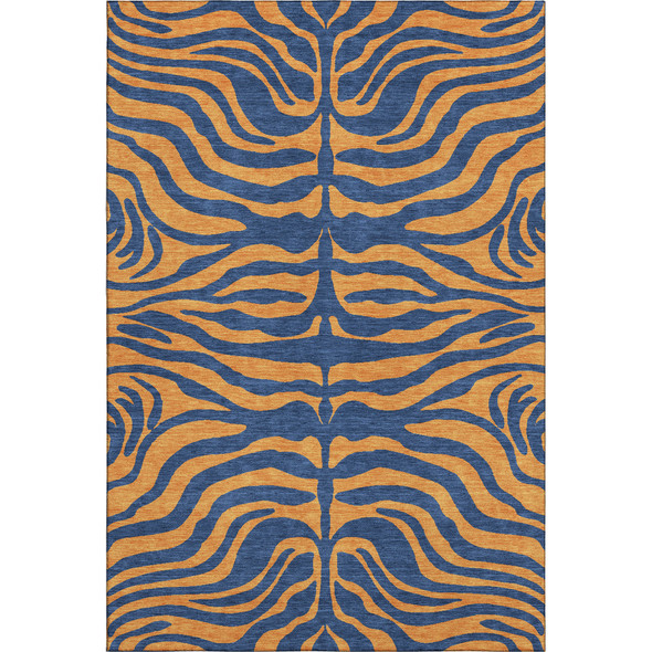 10' X 14' Navy Blue And Orange Animal Print Washable Area Rug With UV Protection