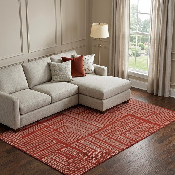 10' X 14' Red And Ivory Geometric Washable Area Rug With UV Protection