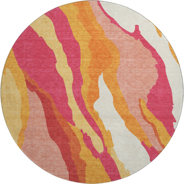 8' Blush Orange And Wheat Abstract Washable Round Rug With UV Protection