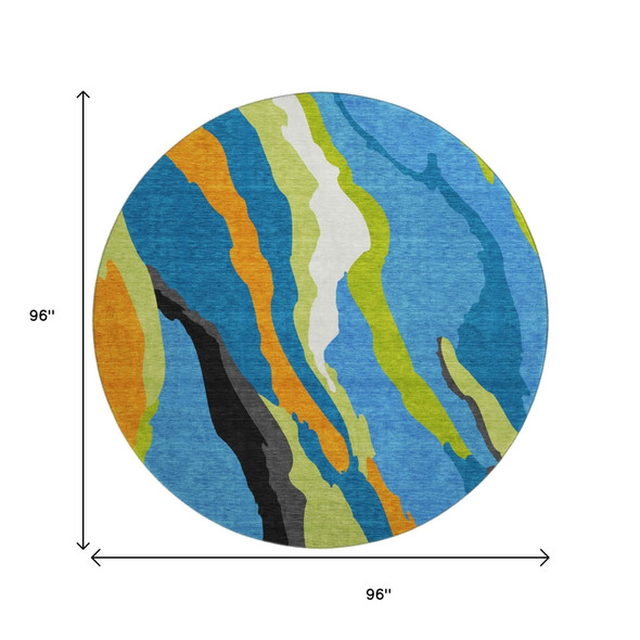 8' Denim Blue Orange And Lime Green Abstract Washable Round Rug With UV Protection