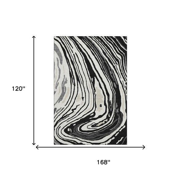10' X 14' Black Ivory And Gray Abstract Washable Area Rug With UV Protection