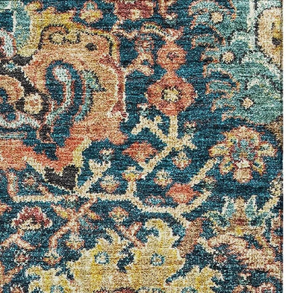 8' X 10' Navy Blue Coral And Gold Damask Washable Area Rug With UV Protection