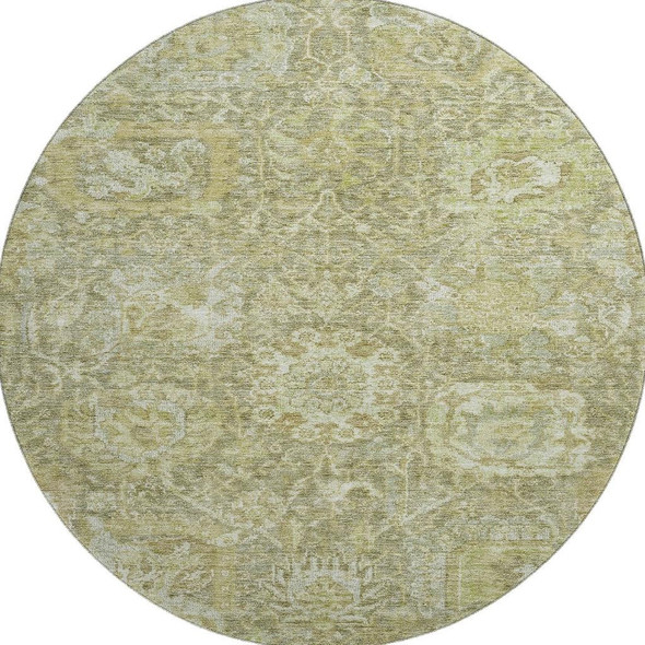 8' Sage And Ivory Damask Washable Round Rug With UV Protection