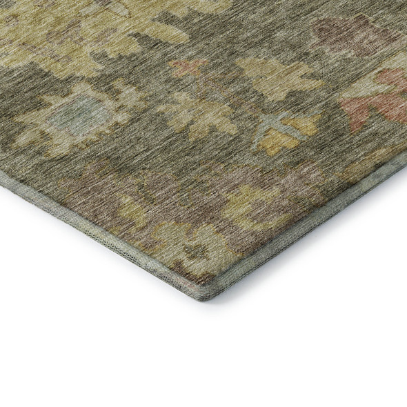8' X 10' Artichoke Green Gold And Gray Floral Washable Area Rug With UV Protection