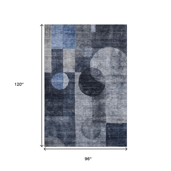 8' X 10' Navy Blue Silver And Charcoal Geometric Washable Area Rug With UV Protection