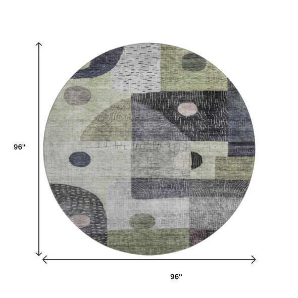 8' Artichoke Green Silver And Gray Geometric Washable Round Rug With UV Protection