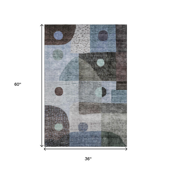 3' X 5' Blue Gray And Silver Geometric Washable Area Rug With UV Protection