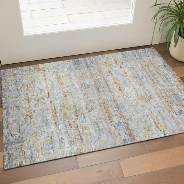 3' X 5' Copper Beige And Blue Striped Washable Area Rug With UV Protection