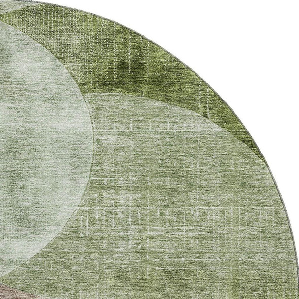 8' Artichoke Green Brown And Beige Geometric Washable Round Rug With UV Protection