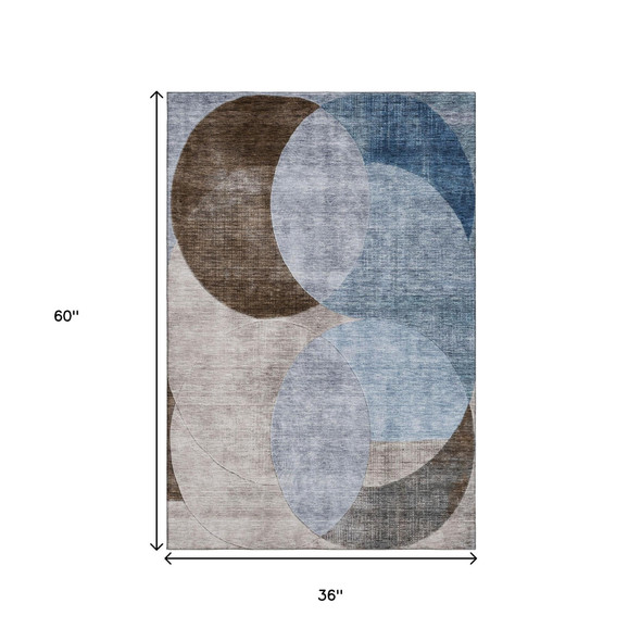 3' X 5' Denim Blue Brown And Beige Geometric Washable Area Rug With UV Protection