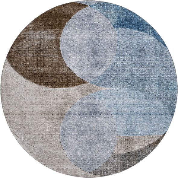 8' Denim Blue Brown And Beige Geometric Washable Round Rug With UV Protection