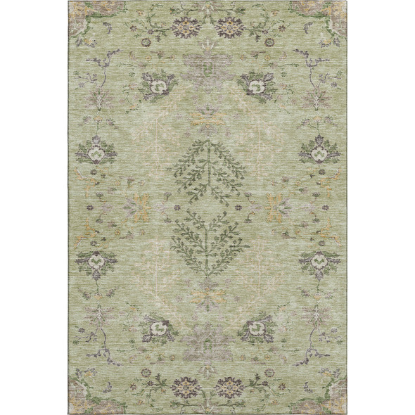 9' X 12' Artichoke Green Gold And Beige Floral Washable Area Rug With UV Protection