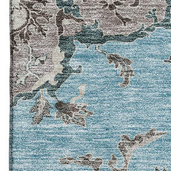 3' X 5' Sky Blue Beige And Gray Floral Washable Area Rug With UV Protection