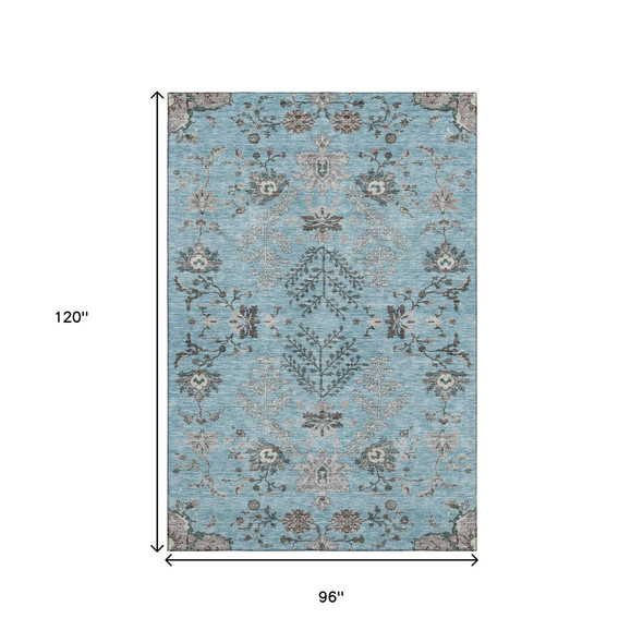 8' X 10' Sky Blue Beige And Gray Floral Washable Area Rug With UV Protection
