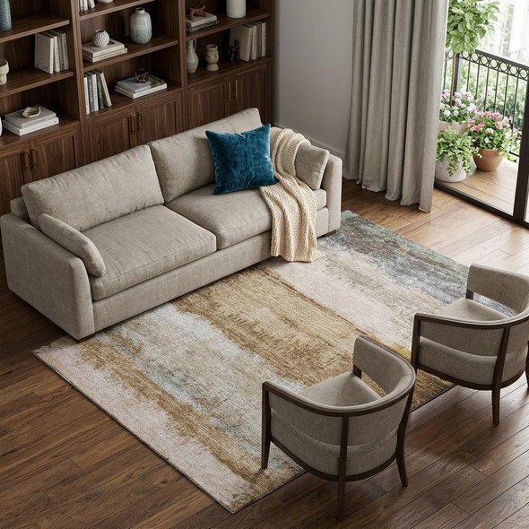 9' X 12' Beige Brown And Gray Abstract Washable Area Rug With UV Protection