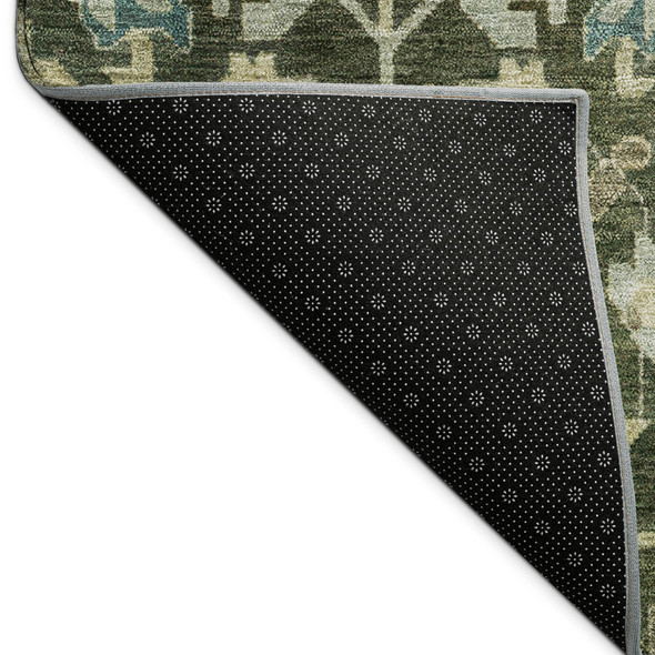 3' X 5' Olive Green Teal Blue And Gold Floral Washable Indoor Outdoor Area Rug