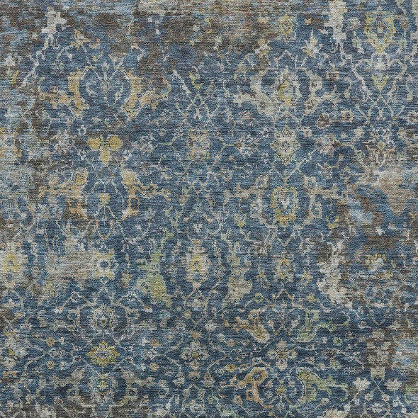 9' X 12' Navy Blue And Gray Damask Washable Indoor Outdoor Area Rug