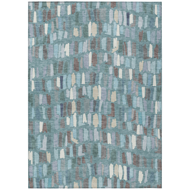 3' X 5' Teal Blue Taupe And Beige Striped Washable Indoor Outdoor Area Rug