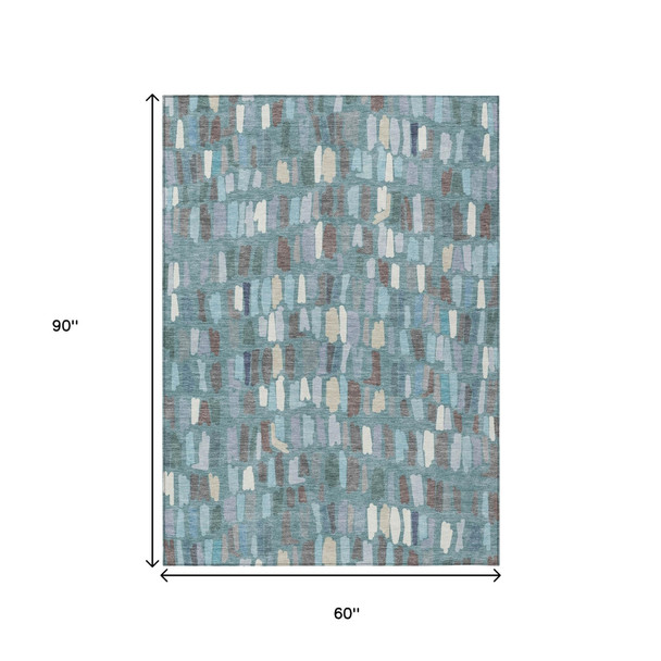 5' X 8' Teal Blue Taupe And Beige Striped Washable Indoor Outdoor Area Rug