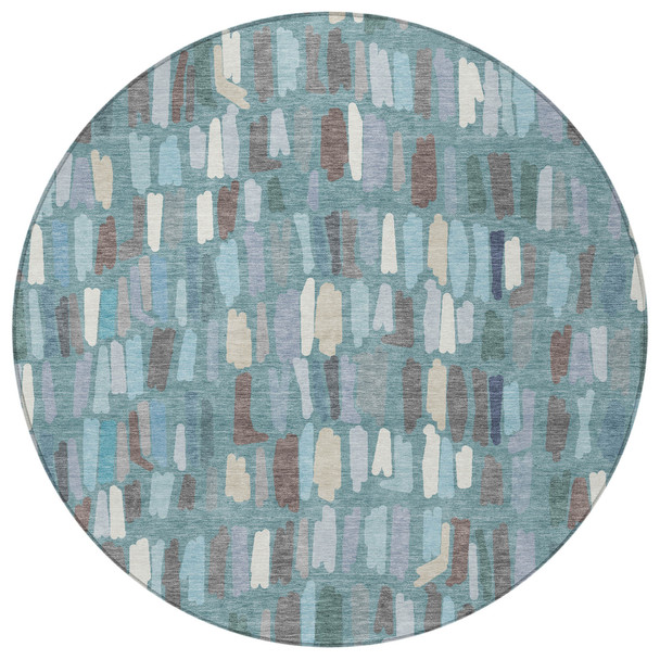8' Teal Blue Taupe And Beige Round Striped Washable Indoor Outdoor Area Rug