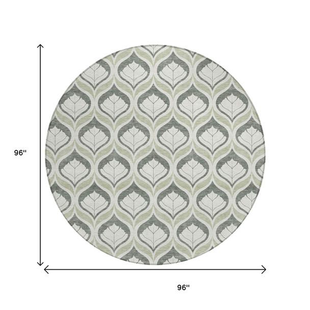 8' Lime Green And Beige Round Geometric Washable Indoor Outdoor Area Rug
