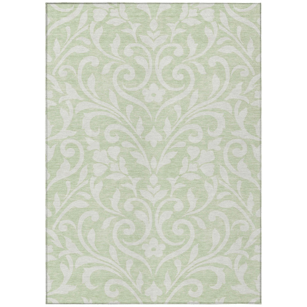 3' X 5' Artichoke Green And Ivory Floral Washable Indoor Outdoor Area Rug