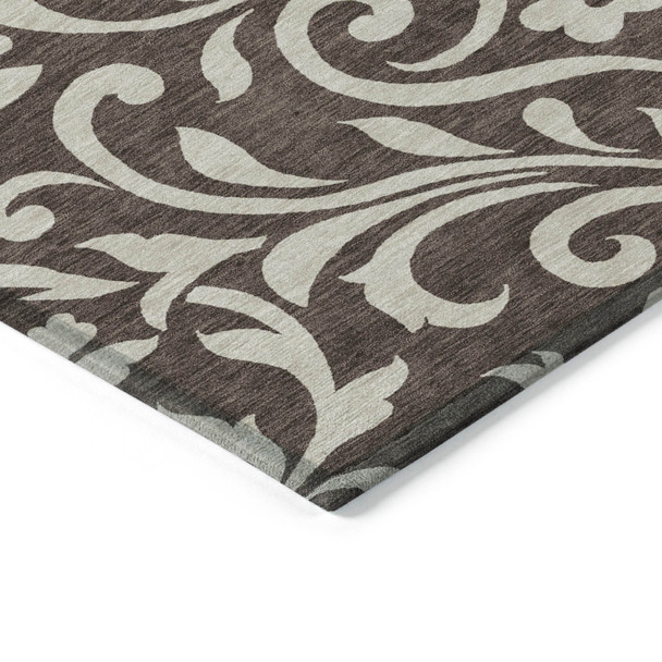 10' X 14' Chocolate And Ivory Floral Washable Indoor Outdoor Area Rug