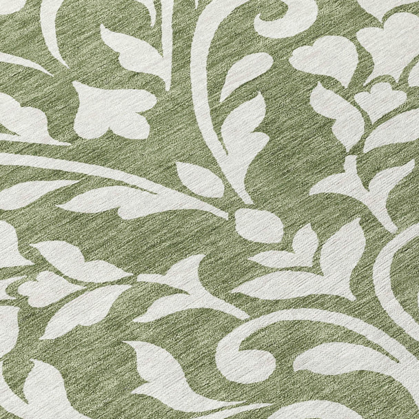 8' Fern Green And Ivory Round Floral Washable Indoor Outdoor Area Rug