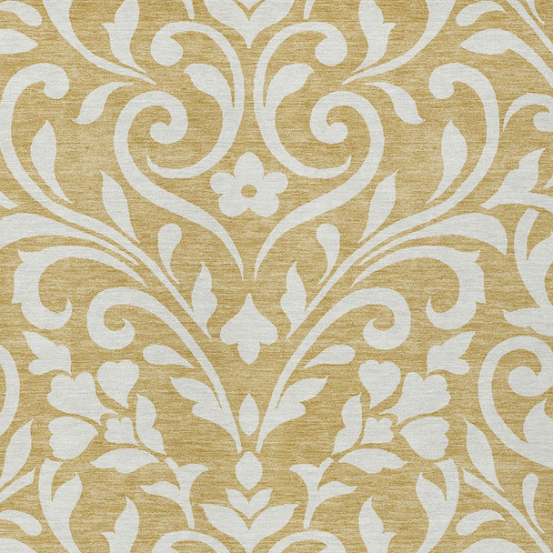 9' X 12' Gold And Beige Floral Washable Indoor Outdoor Area Rug