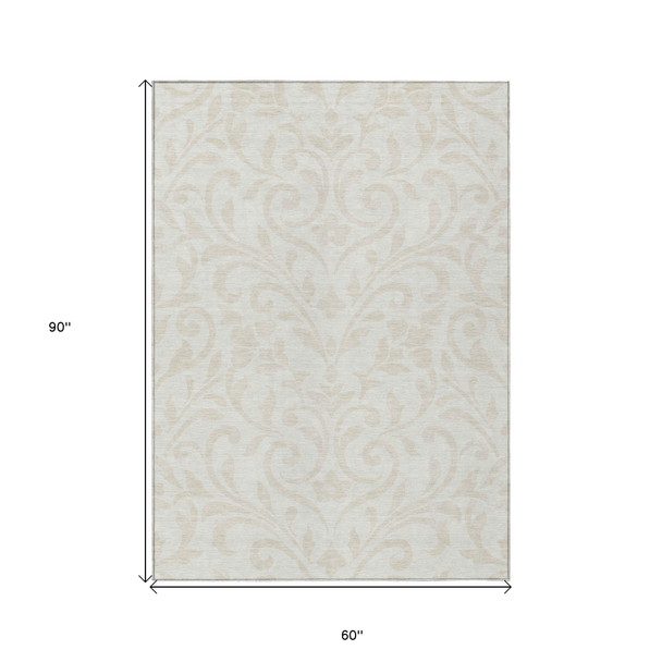 5' X 8' Ivory And Beige Floral Washable Indoor Outdoor Area Rug