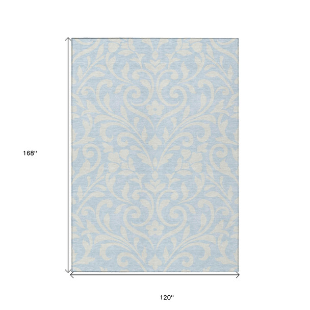 10' X 14' Sky Blue And Ivory Floral Washable Indoor Outdoor Area Rug