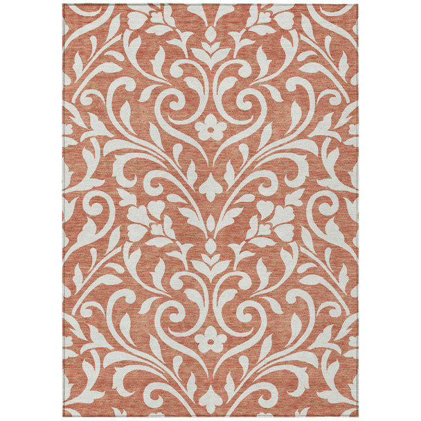 10' X 14' Salmon And Ivory Floral Washable Indoor Outdoor Area Rug