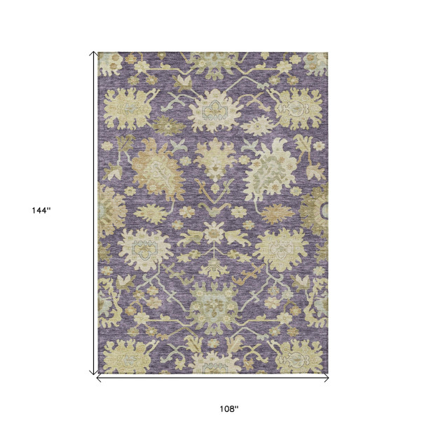9' X 12' Eggplant Beige And Green Floral Washable Indoor Outdoor Area Rug