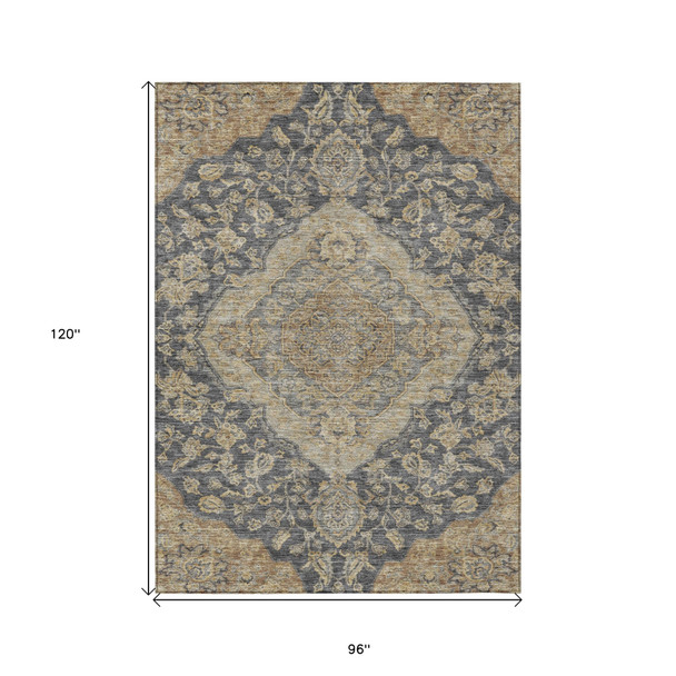 8' X 10' Charcoal Gray And Brown Oriental Washable Indoor Outdoor Area Rug