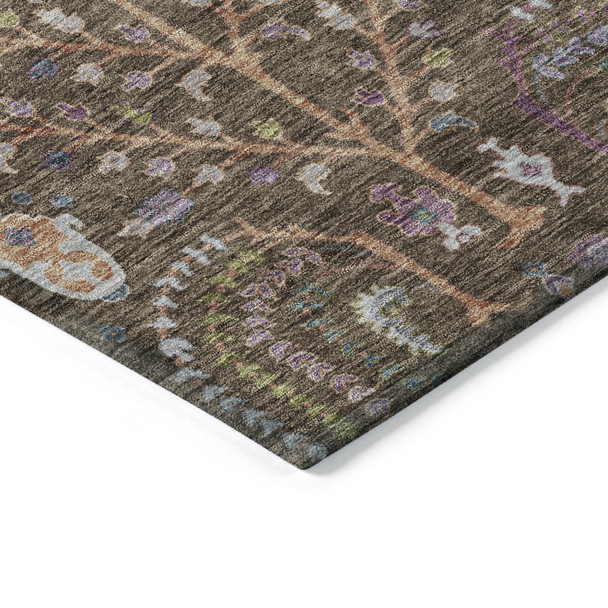 8' Brown Purple And Blue Round Floral Washable Indoor Outdoor Area Rug