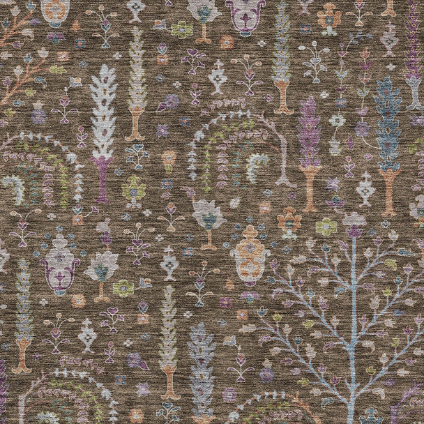 9' X 12' Brown Purple And Blue Floral Washable Indoor Outdoor Area Rug