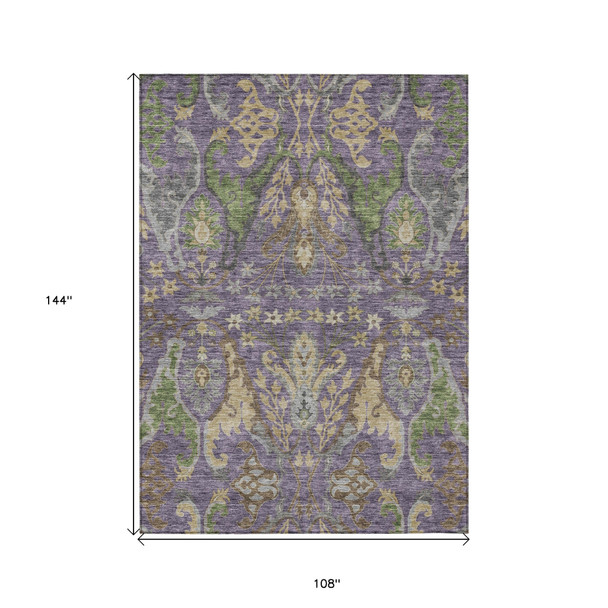 9' X 12' Purple Green And Brown Floral Washable Indoor Outdoor Area Rug