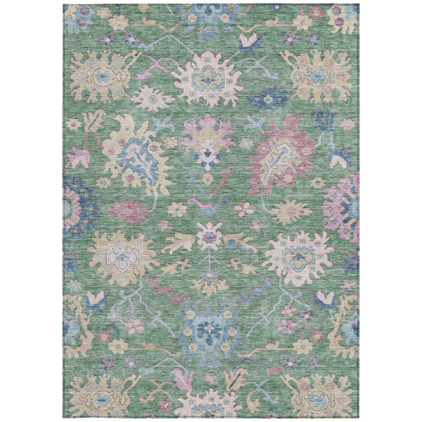 9' X 12' Sage Ivory And Pink Floral Washable Indoor Outdoor Area Rug
