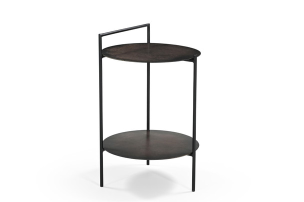 22" Antiqued Bronze and Black Distressed Iron Round End Table With Shelf