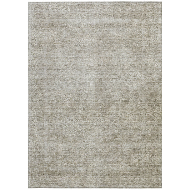 8' X 10' Linen And Gray Floral Washable Indoor Outdoor Area Rug