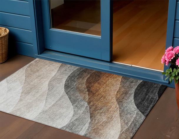 3' X 5' Khaki Black And Terra Cotta Abstract Washable Indoor Outdoor Area Rug