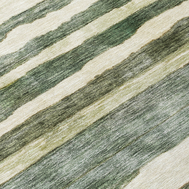 10' X 14' Sage And Beige Striped Washable Indoor Outdoor Area Rug
